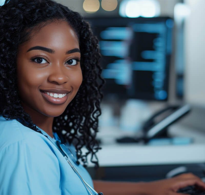 A professional coder sits at a dual-monitor workstation, reviewing patient charts and entering information into coding software in a modern office setting.