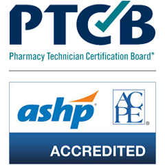 A combined logo featuring the acronym “PTCB” with a check-mark icon and the letters “ASHP” side-by-side, representing a partnership between the Pharmacy Technician Certification Board (PTCB) and the American Society of Health‑System Pharmacists (ASHP).